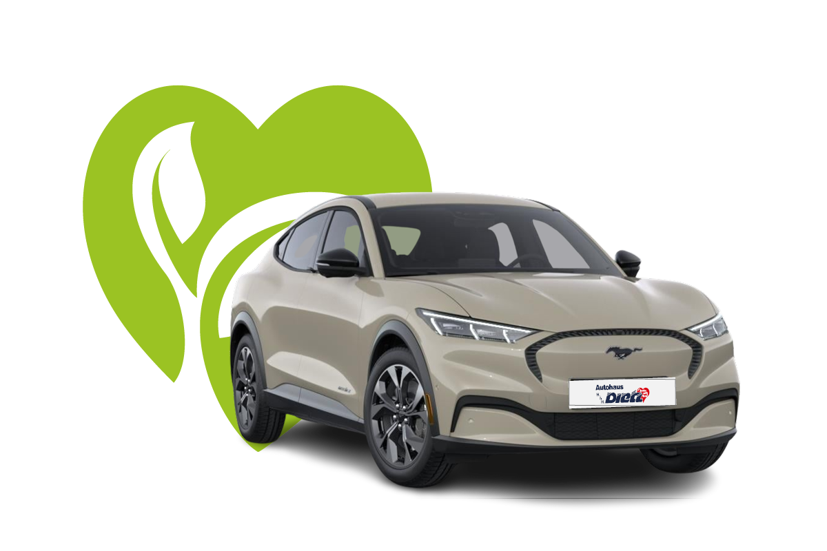 zu sehen ist ein beiger Ford Mustang e-Mach