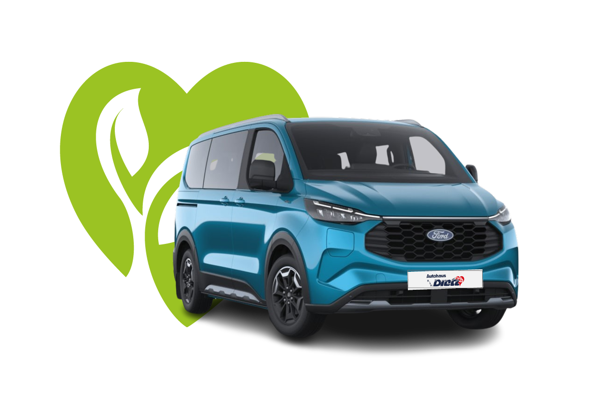 zu sehen ist ein blauer Ford Tourneo Custom E
