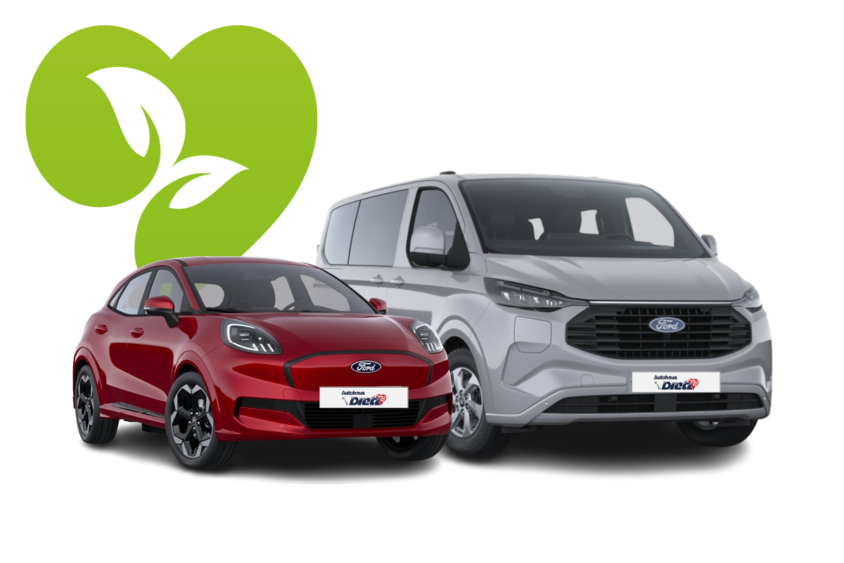 E-Mobility Ford Modelle: grauer Ford Transit Custom E und blauer Ford Puma GEN E